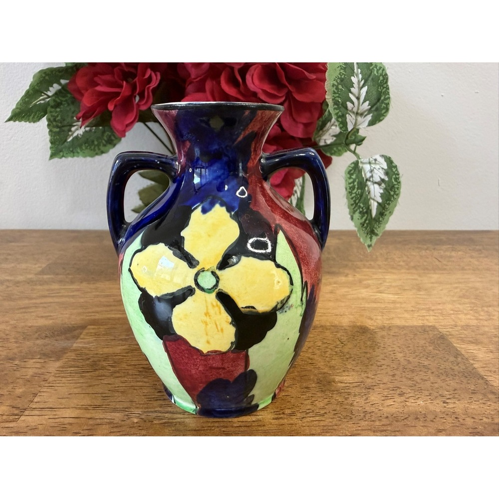 Vintage H&K Tunstall Hand Painted Floral Art Pottery Vase Two Handled England‎